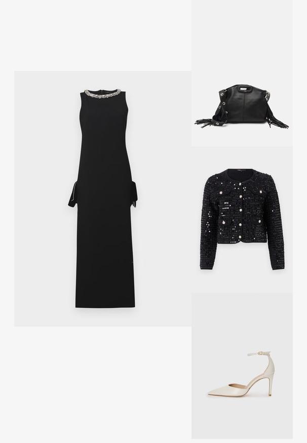 Čierna flitrová bunda s okrúhlym výstrihom, dlhými rukávmi a dvoma prednými vreckami, zdobená striebornými aplikáciami a zapínaním na gombíky.; Čierne šaty bez rukávov s vysokým výstrihom zdobené korálikmi. Majú bočné vrecká a rovný, dlhý strih až po zem.; Biele kožené topánky na vysokom podpätku s špicatou špičkou, remienkom okolo členka a štíhlym stiletto podpätkom. Hladký povrch s jemným lesklým povrchom.; Maje MISS MINI - Taška cez plece - noir