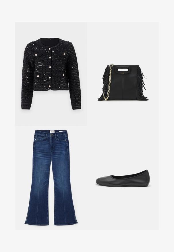 Must mustriga jakk ümmarguse kaelusega, pikkade varrukatega, kahe esipocketiga, kaunistatud hõbedase tooni embellishmentide ja nööbiga sulgemisega.; Valge kootud tank top ruudukujulise kaelusega, laiad õla rihmad ja mugav lõige, millel on sile tekstuur ja ilma mustriteta.; Tumedat sinised laiad teksad, mis on valmistatud denimist. Omavad kõrget vööd, eesmine taskud ja lõhikud hemmi juures. Klassikaline viie-tasku disain.; Musthave mustika tantsutossud mustast nahast, ümmarguse varbaga, siledast tekstuurist, minimaalse õmblusdetailiga ja paindliku tallakujundusega.; Musta nahk käekott, millel on frantsiisid, kuldne ahelsanga ja lõigatud käepide. Esiosas on logot.