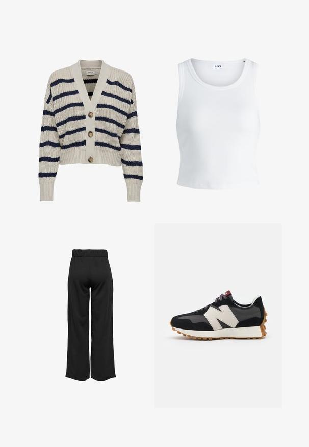 Krémszínű kötött kardigán, tengerészkék csíkokkal. V-nyakkivágással, négy nagy gombbal és bordázott mandzsettával rendelkezik a hosszú ujjakon.; Fehér bordás ujjatlan top, kerek nyakkivágással és rövid hosszal. A címke szerint "JJXX". Sima szövettextúra.; Fekete, bővülő szárú nadrág, elasztikus derékkal, sima anyagból készült. Tiszta dizájn jellemzi, zsebek és látható varrási részletek nélkül.; Fekete és szürke velúr sportcipő nagy krémszínű "N" logóval, lila fűzőkkel és texturált gumi talppal.