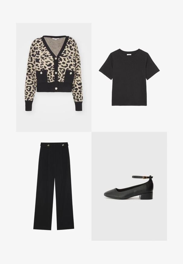 Morgan JACOB - Strickjacke - multicooured; Schwarzes T-Shirt aus weichem Stoff, mit Rundhalsausschnitt und kurzen Ärmeln. Das Design ist schlicht, ohne sichtbare Muster oder Akzente.; Schwarze weite Hosen mit hoher Taille, Knopfdetails am Bund und vorderen Falten.; Schwarze Lederpumps mit spitzem Zehenbereich und niedrigem Blockabsatz. Mit einem Knöchelriemen und einer goldfarbenen Schnalle. Glatte Textur.
