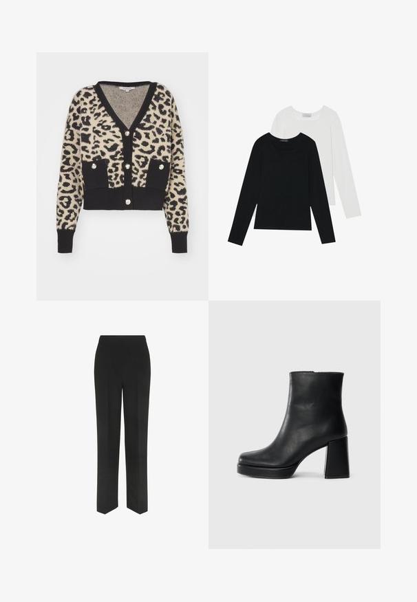 Morgan JACOB - Cardigan - multicooured; To lange skjorter med lange ærmer, en sort og en hvid, begge med firkantet halsudskæring og lavet af blødt, strækbart stof.; Sorte bukser med lige ben-design, der har en simpel talje og ingen synlige lommer, præsenteret mod en hvid baggrund.; Sort læder ankelstøvle med blokhæl og platformssål, set fra siden på en ensfarvet hvid baggrund.