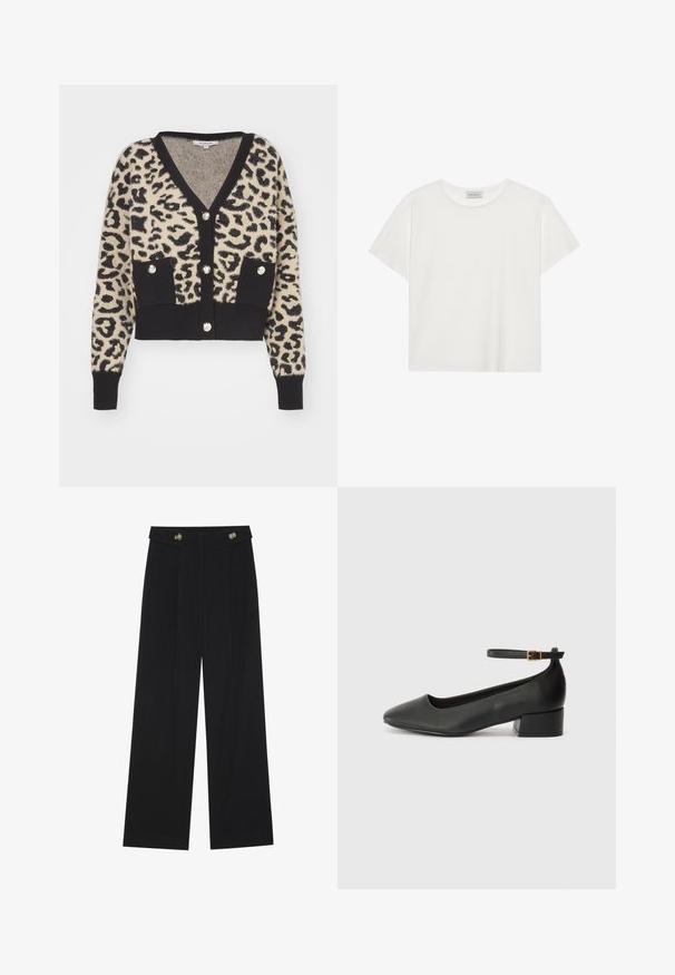 Morgan JACOB - Cardigan - multicooured; T-shirt bianco a maniche corte realizzato in morbido cotone. Presenta un collo rotondo e una vestibilità comoda. Design pulito senza modelli o dettagli visibili.; Pantaloni neri a gamba larga con vita alta, dettagli con bottoni in vita e pieghe frontali.; Pump in pelle nera con punta affusolata e tacco basso a blocco. Presenta una cinghia alla caviglia con una fibbia in tonalità oro. Texture liscia.