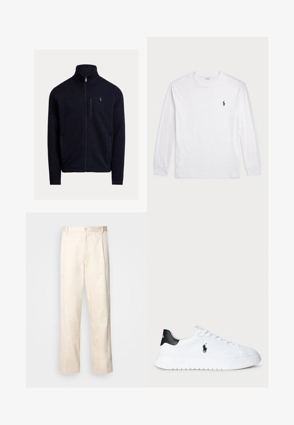 Marineblå genser med glidelås, høy krage, frontglidelås og minimal merking på venstre bryst. Laget av et mykt, teksturert stoff.; Hvit langermet T-skjorte laget av bomull. Har rund hals, ribbestrikkede mansjetter, og en liten marineblå polo-logo på venstre bryst.; Beige bomullsbukser med rett benfatt, med knappelukking og folder foran for ekstra detaljer.; Hvit lavt beskåret sneaker med svart hælflik og svart Polo Ralph Lauren-logo på siden, med hvite lisser og tykk gummisåle.