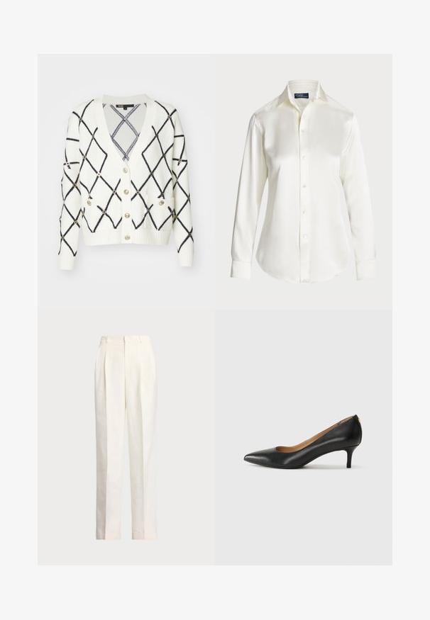 Maje MOOVE - Vest - ecru; Witte lange mouwen overhemd met knopen, gemaakt van een gladde stof, met een klassieke kraag en subtiele glans, met een ronde zoom en knoopdetails.; Polo Ralph Lauren HEMP WIDE LEG PANT - Broek - nevis; Zwarte leren pump met een puntige teen, lage hak en een gladde textuur. Heeft een lichte opening aan de voorkant en minimale hardware aan de achterkant.