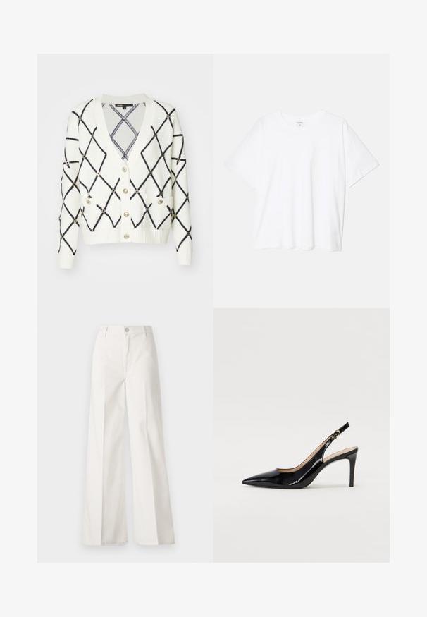 Maje MOOVE - Cardigan - ecru; White cotton t-shirt with short sleeves, round neckline, relaxed fit, and stitched hem. Label visible on the inside neck.; White wide-leg trousers made from cotton with a smooth texture. Features a front button, zipper fly, and four-pocket design.; Black patent leather slingback pump with pointed toe, slim heel, and a subtle cutout design. Features a gold buckle on the strap.