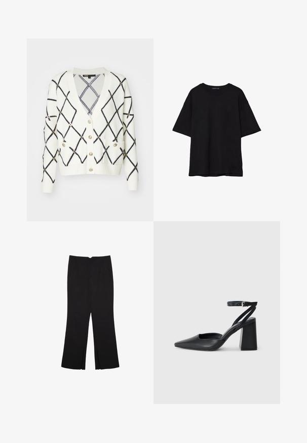 Maje MOOVE - Cardigan - ecru; Black cotton T-shirt with a relaxed fit, short sleeves, rounded neckline, and a smooth texture. No visible patterns or accents.; Black trousers with a straight fit, featuring front pockets and side slits at the hem. Made of soft, smooth fabric. Suitable for various occasions.; Black leather pointy-toe pump with an ankle strap and a chunky heel. Flat texture, sleek design, and minimalistic aesthetics.