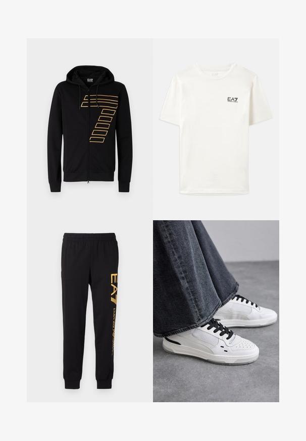 Μαύρο φούτερ ζιπ με φερμουάρ φτιαγμένο από βαμβάκι με απαλή υφή. Διαθέτει μια μεγάλη χρυσή γραφική σχεδίαση στο στήθος, ρυθμιζόμενη κουκούλα με κορδόνι και ραμμένες μανσέτες.; Λευκό βαμβακερό t-shirt με κοντά μανίκια, στρογγυλή λαιμόκοψη και μικρό μαύρο λογότυπο EA7 στο αριστερό στήθος. Λείος υφασμάτινος ιστός, κανονική εφαρμογή.; Μαύρες φόρμες από μαλακό ύφασμα, με ελαστική μέση και μανσέτες στους αστραγάλους. Κίτρινη επωνυμία εκτυπωμένη κατακόρυφα στο αριστερό πόδι.; Λευκά αθλητικά παπούτσια με μαύρες κορδόνες και πλέγμα λεπτομέρειας. Διαθέτουν λείο δερμάτινο επάνω μέρος και υφή από καουτσούκ στη σόλα. Συνδυάζονται με γκρι παντελόνια φαρδιάς γραμμής.