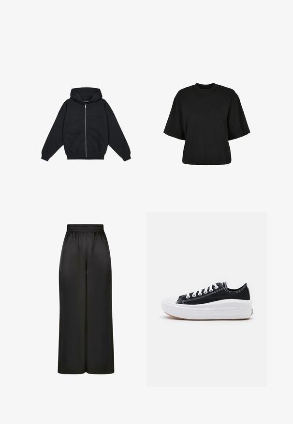 Fekete cipzáras kapucnis pulóver nagy kapucnival, kenguru zsebekkel és bordás mandzsettákkal. A mellrészén minimális márkázás található. Puha pamut anyag.; Fekete, rövid ujjú, pamut crop póló. Kerek nyakkivágással rendelkezik. Simára készült textúrája van, egyszerű dizájn, nincs rajta további minta.; Fekete, bő szárú nadrág, sima, fényes anyagból, rugalmas derékrésszel, látható zsebek vagy fém részletek nélkül.; Fekete vászon sportcipők fehér fűzővel, fehér gumi orral és vastag fehér középtalppal. Finom fehér varrással és gumi talppal rendelkezik.