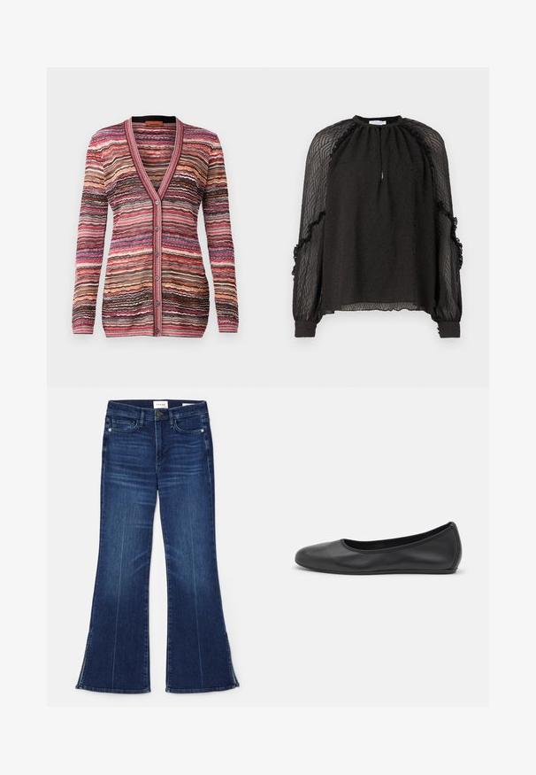 Daudzkrāsains kaklasaite ar viļņu svītrām rozā, brūnā un krēma toņos. Tam ir V formas dekoltē, pogu aizdare un ribota aproce.; Hofmann Copenhagen XENIA - Blūze - black; Tumši zili zvērīši, izgatavoti no denima. Iespējas augsta jostasvieta, priekšējās kabatas un šķēlumi apakšmalā. Klasisks piecu kabatu dizains.; Melna ādas baleta kurpe ar noapaļotu purngalu, gludu tekstūru, minimālu šuvju detalizāciju un elastīgu zoles dizainu.