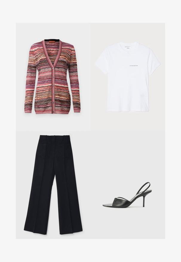 Mnohobarevný kardigán s vlnkovým pruhovaným vzorom v odtieňoch ružovej, hnedej a krémovej. Má výstrih do V, gombíkovú légou a rebrované manžety.; Biela bavlnená tričko s krátkymi rukávmi, okrúhlym výstrihom a malým čiernym logom "VICTORIA BECKHAM" na hrudi. Minimalistický dizajn.; Čierne široké nohavice vyrobené z hladkej tkaniny, s vysokým pásom, dvoma zadnými vreckami a jemnými prednými záhybmi pre pridanie tvaru.; Čierne kožené sandále na podpätku s ostrou špičkou, tenkým členkovým remienkom a stiletto podpätkom. Obsahujú uzlový detail na hornej časti.