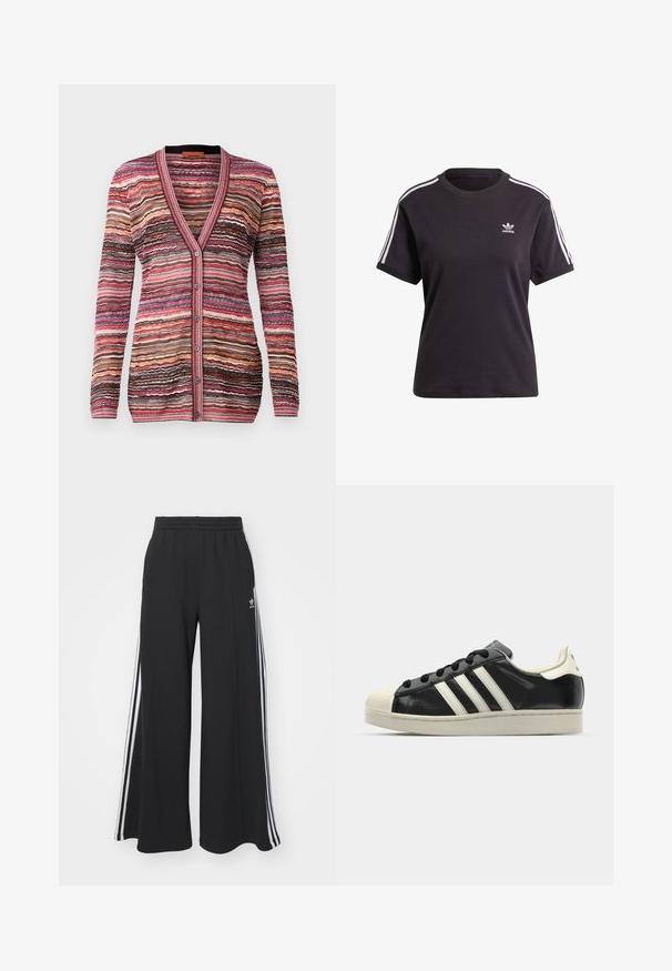 Többszínű kardigán, amely hullámos csíkos mintával készült rózsaszín, barna és krémszín árnyalatokban. V-nyakú, gombos záródással és bordázott mandzsettákkal rendelkezik.; Fekete pamut, rövid ujjú póló kerek nyakkal, fehér csíkokkal a vállakon és egy kis fehér Adidas logóval a mellkasán.; Fekete, bő szárú melegítőnadrág, rugalmas derékkal, fehér oldalsávokkal és hímzett logóval a bal combon.; Fekete bőrsneaker fehér csíkokkal, gumírozott orral, fekete fűzővel és krém színű talppal. Simaság és fényes felület jellemzi.