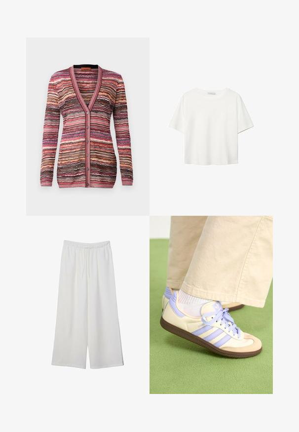 Vícebarevný cardigan s vlnitým pruhovaným vzorem v odstínech růžové, hnědé a krémové. Má véčkový výstřih, zapínání na knoflíky a žebrované manžety.; Bílý krátký rukáv tričko vyrobené z bavlny. Má kulatý výstřih a volný střih. Hladký materiál bez viditelných vzorů nebo akcentů.; Bílé kalhoty s širokými nohavicemi vyrobené z lehké tkaniny, s elastickým pasem a stahovací šňůrkou pro nastavitelnou velikost. Hladká textura.; Krémové a levandulové tenisky se třemi pruhy a texturovanou hnědou podrážkou, vybavené tkaničkami a polstrovanou patou. Měkký textilní svršek.