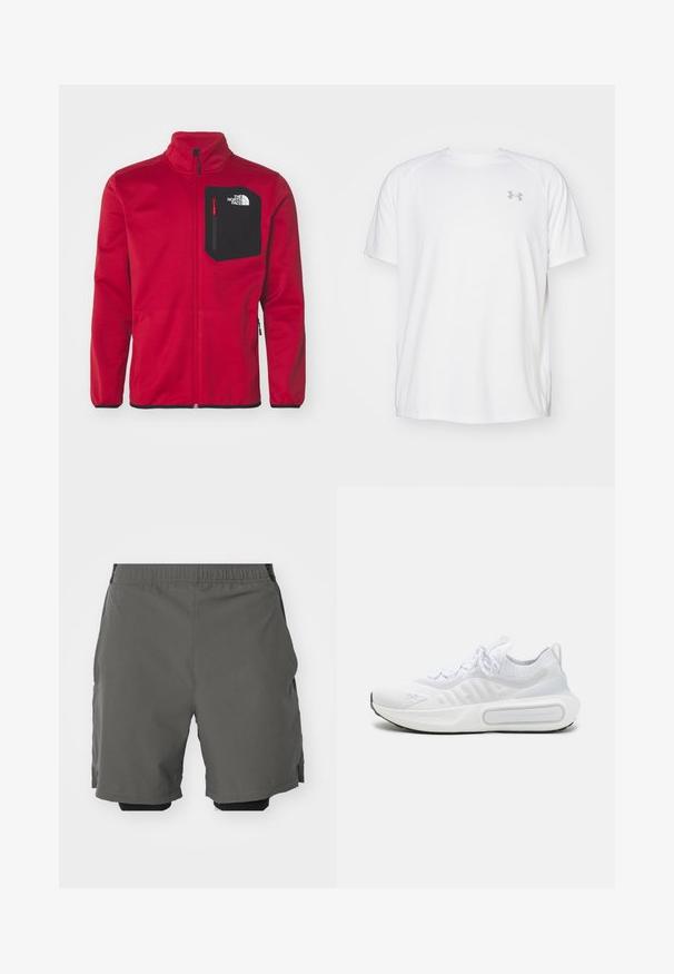 The North Face CREST - Zip-up sweatshirt - garnet red/black; White short-sleeve athletic shirt made of smooth fabric. Features a crew neck and gray logo on the left chest, with side slits at the hem.; Gray athletic shorts with a smooth, lightweight fabric and an elastic waistband, featuring inner compression shorts and side pockets.; White athletic shoe with a textured knit upper, lace-up closure, cushioned sole, and a distinctive branding detail on the side.