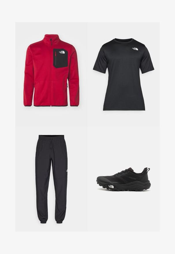 The North Face CREST - Sweatjacke - garnet red/black; Schwarzes Kurzarm-T-Shirt aus leichtem, feuchtigkeitsableitendem Material. Mit einem weißen Logo auf der linken Brust und einem Rundhalsauschnitt.; Schwarze Sporthosen aus leichtem Stoff, mit einem Kordelzugbund, seitlichen Taschen und schmal zulaufenden Bündchen an den Knöcheln.; Schwarzer Trailrunning-Schuh mit strukturiertem Obermaterial, Gummisohle und verstärkter Zehenkappe. Verfügt über einen gepolsterten Kragen und eine Ziehlasche für einfaches Anziehen.
