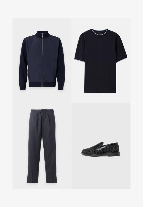 Navy jacket with a stand-up collar, featuring a front zipper, knit cuffs, and contrasting wool sleeves for added texture.; Dark blue short-sleeve t-shirt with a round neckline, featuring light blue accent at the collar and sleeves. Made of soft cotton fabric.; Dark navy trousers made of soft fabric with a pleated front design and elastic waistband. Features a button closure and straight-leg cut.; Black woven slip-on shoe with a smooth leather accent on the upper, a round toe design, and a low-profile rubber sole.