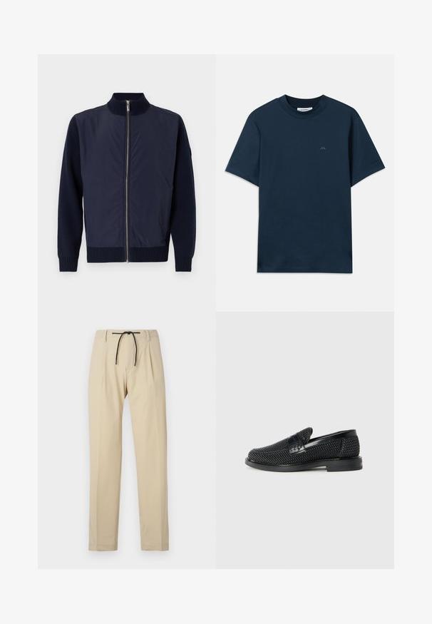 Jachetă de marină cu guler înalt, dotată cu un fermoar frontal, manșete tricotate și mâneci din lână contrastantă pentru un plus de textură.; Tricou din bumbac de culoare albastru marin, cu gât rotund, mâneci scurte și un logo discret imprimat pe piept. Textură netedă și croială clasică.; Pantaloni bej cu croială dreaptă, având talie cu șnur, față pliată și textură netedă. Design simplu și versatil.; Pantofii negri din material textil, cu accent din piele netedă pe partea superioară, design cu vârf rotund și talpă din cauciuc de profil redus.
