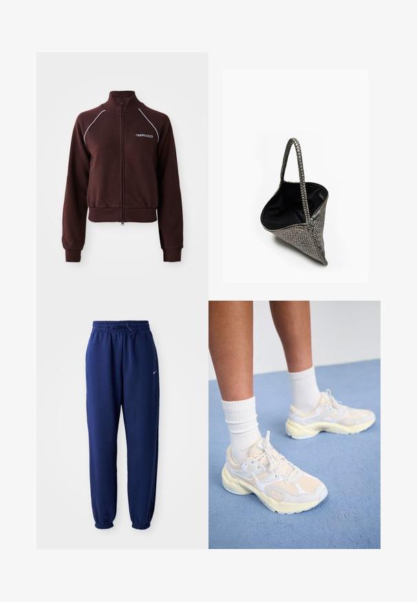 Felpa marrone con zip e colletto alto, cuciture bianche a contrasto, polsini e orlo a costine, e dettaglio del logo sul lato sinistro del petto. Tessuto morbido.; T-shirt tagliato di colore crema, realizzato in cotone. Presenta un logo ricamato rosa che dice "Nike Sportwear." Maniche corte e scollo rotondo.; Pantaloni della tuta blu navy realizzati in tessuto morbido, con vita elasticizzata regolabile tramite cordino, polsini elasticizzati e un piccolo logo bianco.; Scarpe sportive eleganti in giallo pallido e bianco, realizzate con materiali in rete e sintetici, dalla forma arrotondata e suole testurizzate.; Borsa a tracolla grigia intrecciata con forma triangolare, manici intrecciati e interno nero. Dotata di chiusura con zip e superficie testurizzata.