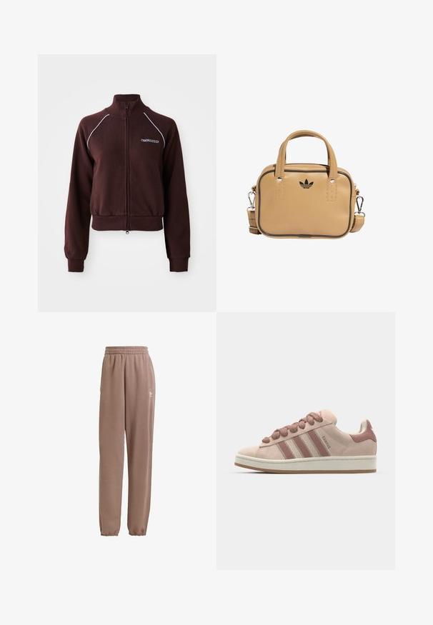 Pruun tõmblukuga sviiter kõrge kaelusega, valge aktsentõmblus, soonikkoes varrukad, alläär ja logo detail vasakul rinnal. Pehme kangast tekstuur.; Pruun puuvillane T-särk lühikeste varrukatega, ümar kaelus ja valge Adidas'i logo keskpunktis rinnal, lihtne disain ja mugav lõige.; Pruunid dressipüksid, mis on valmistatud pehmest kangast. Neil on elastne vöökoht, küljetaskud ja elastsed ääred ning valge logo aktsent.; Roosa naha sussid, millel on kolm tumedamat roosat triipu, ümarad paelad ja valge vaheosa. Kavandatud mugavust pakkuva pehmendatud kraega.; Kreemivärvi vegan nahast kott kahte käepidet, eemaldatava õlarihmaga, mustade õmblustega ning väikese musta logoga ees.