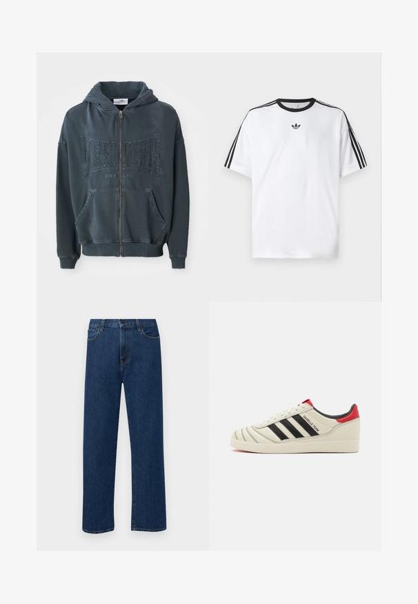 Tamnozelena zip-up dukserica s teksturiranim logotipom "VERTETRE BERLIN" sprijeda, koja sadrži kapuljaču sa vezicom i kengur džepove.; Bijela majica od pamuka, s crnim okruglim izrezom i tri crne pruge na svakom ramenu. Mali crni logo na prsima.; Tamno plave traperice ravnog kroja s prednjim džepovima i kopčanjem na dugme, prikazane na jednostavnoj bijeloj pozadini.; Kremaste kožne tenisice s crnim prugama, crvenim detaljima na petama i teksturiranim elementima. Imaju gumeni đon i vezanje na vezice.