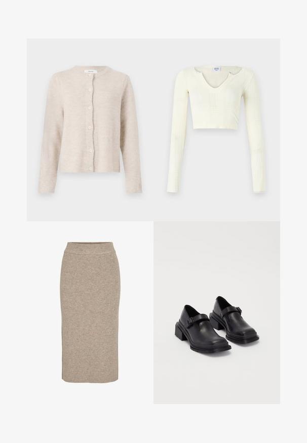 Beige kofta i mjukt stickat material, med rund halsringning, långa ärmar och sex knappar fram. Klassisk och enkel design.; Kort topp i off-white stickad material. Långa ärmar med ribbad struktur och små utskärningar runt halsringningen.; Stickad pennkjol i ljusbeige, med ribbad textur, hög midja och smal passform. Nederkanten faller strax under knäet.; Svart läderskor med rund tån, platt sula och ett band med spänne. Kraftig blockklack för ökad stabilitet.