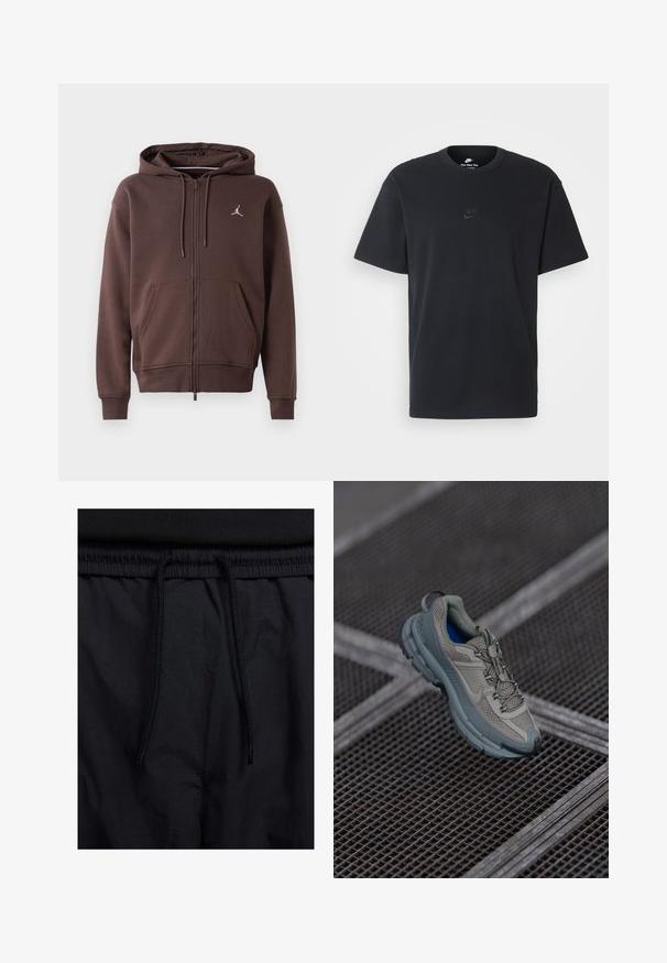 Brown zip-up hoodie with front pockets, drawstring hood, and small white Jordan logo on the chest.; Nike black cotton t-shirt with a classic crew neck, short sleeves, and a subtle, embossed logo on the chest. Smooth texture.; Black shorts featuring a drawstring waistband, lightweight fabric with a smooth texture, and a simple design without visible logos or patterns.; Beige and gray athletic shoe with textured mesh upper, rounded toe, and rubber sole, featuring laces and a padded collar.