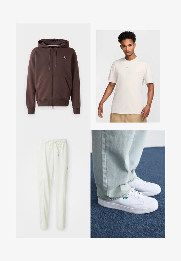 Brown zip-up hoodie with front pockets, drawstring hood, and small white Jordan logo on the chest.; Man with short curly hair wears beige Nike t-shirt and khaki shorts, facing forward against plain light background.; White slim-fit jogger pants with elastic waistband and drawstring, featuring side seam detailing and a small black patch on the right leg.; White leather sneakers with green Nike logo, round toe, flat sole, paired with light blue denim pants, shown on a blue carpet.