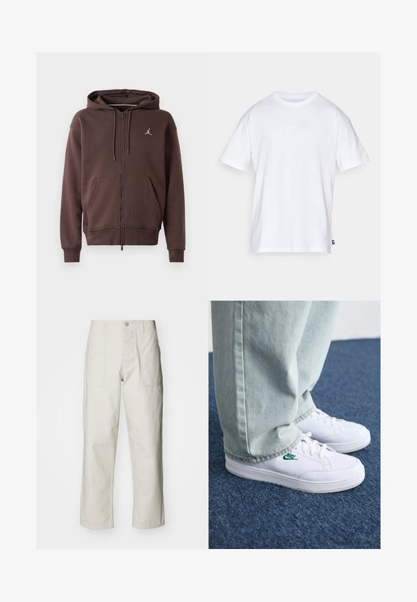 Felpa con zip marrone, dotata di tasche frontali, cappuccio con coulisse e piccolo logo bianco di Jordan sul petto.; T-shirt bianco in cotone con maniche corte e colletto tondo. Presenta un piccolo e discreto logo Nike sul petto e un'etichetta laterale.; Pantaloni a gamba larga beige chiaro in cotone. Presentano tasche frontali e chiusura con bottone. Tessuto liscio con sottili linee verticali.; Sneakers in pelle bianca con logo Nike verde, punta rotonda, suola piatta, abbinati a pantaloni in denim azzurro, mostrati su un tappeto blu.