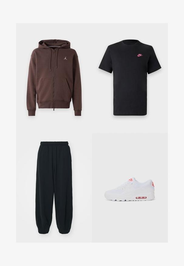 Brun zip-up hoodie med framfickor, dragsko huva och liten vit Jordan-logga på bröstet.; Svart bomullströja med rund halsringning och korta ärmar. Har en rosa Nike-logga på den övre vänstra sidan. Slät textur.; Svarta, elastiska sweatpants med lös passform, mudd vid anklarna, slät textur och utan synliga mönster eller detaljer i metall.; Vit atletisk sneaker med en slät överdel, snörning, vadderad sula och en synlig luftenhet med röda detaljer på varumärket.
