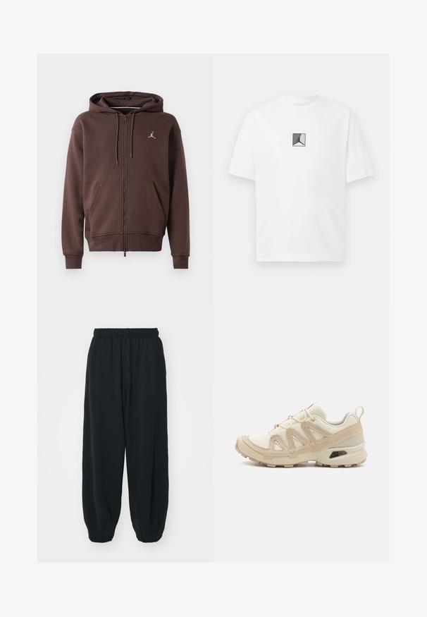 Hnedá mikina na zips s prednými vreckami, kapucňou so šnúrkou a malým bielym logom Jordan na hrudi.; Biela bavlnená tričko s čiernym a šedým logom v strede. Klasický okrúhly výstrih a krátke rukávy s voľným strihom.; Čierne tepláky s elastickým pásom, vo voľnom strihu, s manžetami na členkoch, hladkej textúry a bez viditeľných vzorov alebo kovových doplnkov.; Beige a krémová športová obuv s textúrovaným sieťovým zvrškom, podporujúcimi prekrytiami a gumovou podrážkou s dezénom pre trakciu.