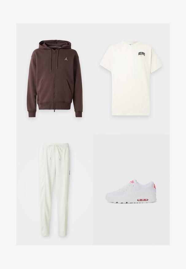 Brown zip-up hoodie with front pockets, drawstring hood, and small white Jordan logo on the chest.; Cream-colored cotton t-shirt with short sleeves, featuring "NIKE SB" in black and red text on the chest. Standard round neckline.; White slim-fit jogger pants with elastic waistband and drawstring, featuring side seam detailing and a small black patch on the right leg.; White athletic sneaker featuring a smooth upper, lace closure, cushioned sole, and a visible air unit with red accents on the branding.