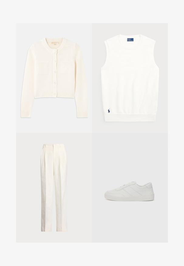 Gilet en laine de couleur crème, à col rond, avec cinq boutons, des poignets côtelés et deux poches avant. Texture lisse, design court.; Pull sans manches blanc en coton lisse, avec un ourlet côtelé et un petit logo bleu marine en bas à gauche. Design simple, sans motifs.; Polo Ralph Lauren HEMP WIDE LEG PANT - Pantalon classique - nevis; Baskets en cuir blanc avec lacets plats, bout rond et détails de couture subtils. Caractéristiques d'une semelle texturée et d'un logo de marque embossé au niveau du talon.
