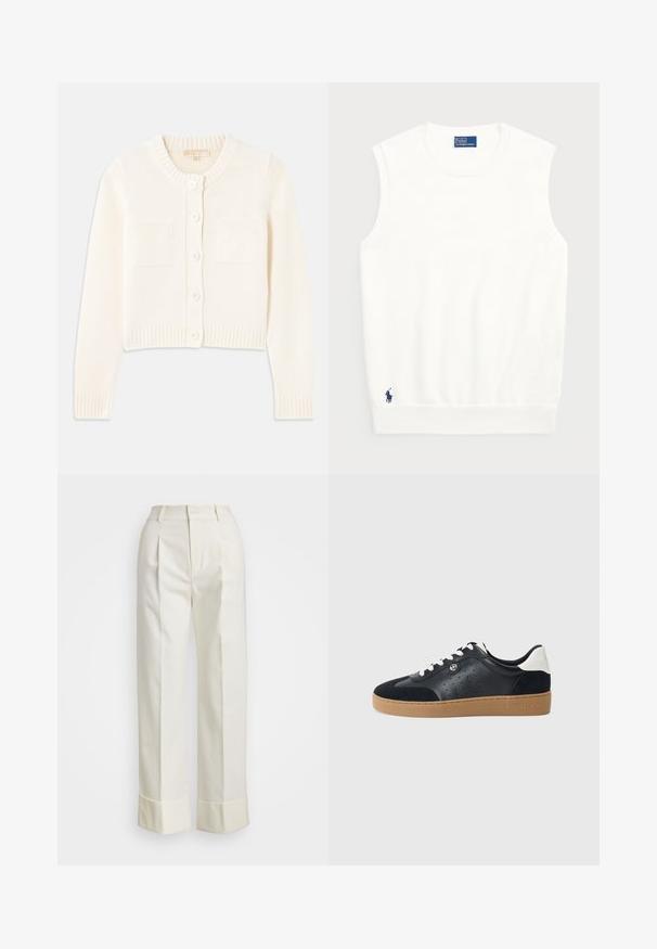 Cardigan lavorato a maglia color crema con colletto rotondo, cinque bottoni, polsini a costine e due tasche frontali. Texture liscia, design corto.; Maglione bianco senza maniche realizzato in cotone liscio, con orlo a coste e un piccolo logo blu navy in basso a sinistra. Design semplice, senza motivi.; Pantaloni bianchi su misura con vita alta, doppie pieghe frontali e gamba larga con risvolti. Realizzati in un tessuto liscio e strutturato.; Sneaker in pelle nera e suede con suola in gomma marrone chiaro. Presenta lacci bianchi e piccole perforazioni sui lati. Logo Michael Kors presente.
