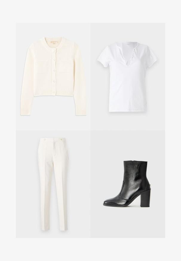 Gilet en laine de couleur crème, à col rond, avec cinq boutons, des poignets côtelés et deux poches avant. Texture lisse, design court.; T-shirt en coton blanc à manches courtes, coupe décontractée et décolleté en V, avec un plastron orné de cinq boutons décoratifs.; Pantalon blanc ajusté avec une coupe slim, doté de deux poches avant, d'une fermeture à double bouton et de détails latéraux subtils. Texture lisse.; Bottine en cuir noir, avec une texture lisse, un bout pointu et un talon chunky haut. Présente une ouverture sur le côté et un design minimaliste.