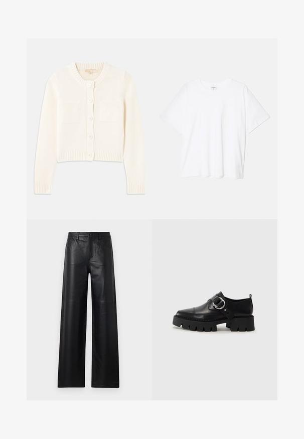 Krēmkrāsas adīta džemperis ar apaļu kaklu, pieciem pogām, ribotiem piedurknēm un divām priekšējām kabatām. Gluda tekstūra, īsa dizaina.; Balta kokvilnas T-krekls ar īsām piedurknēm, apaļu dekoltē, brīva piegriezuma un šūtu apakšmalu. Etiķete redzama iekšējā kakla daļā.; Platas kāju melnas ādas bikses ar gludu tekstūru, kurām ir priekšējās kabatas, pogu aizdare un smalki izšuvumi.; Melni ādas apavi ar masīvu, rievojumu zoli, ar apaļu sudraba aksesuāru un minimālām šuvēm.