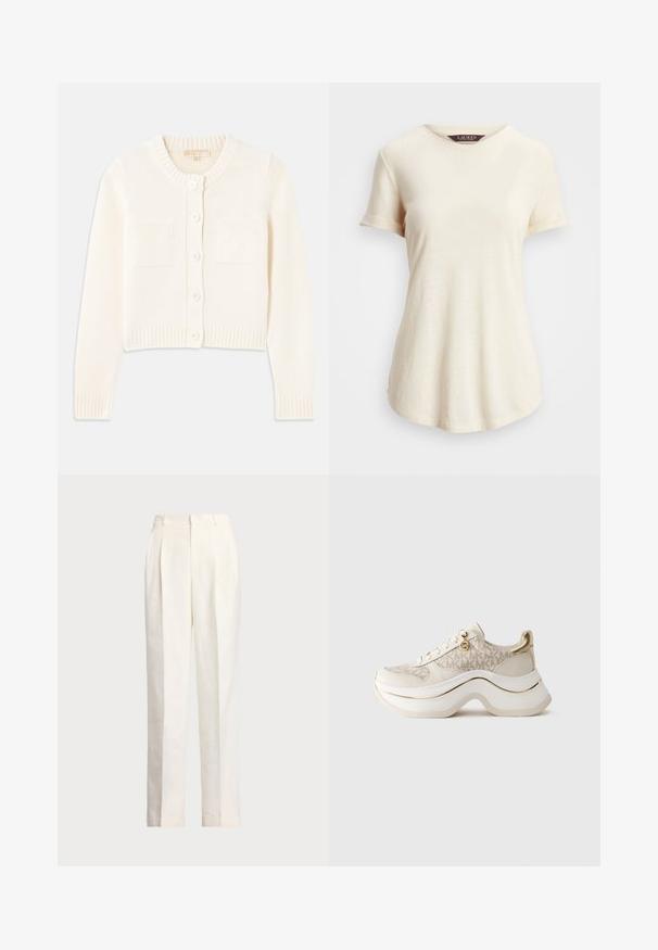 Cremfarbener Strickcardigan mit Rundhalsausschnitt, fünf Knöpfen, gerippten Bündchen und zwei Fronttaschen. Glatte Textur, kurz geschnittenes Design.; Cremfarbener T-Shirt mit kurzen Ärmeln und runder Halslinie. Weicher Stoff und lockere Passform, mit umgeschlagenen Ärmeln und einem leicht abgerundeten Saum.; Polo Ralph Lauren HEMP WIDE LEG PANT - Stoffhose - nevis; Beige und goldene Plattform-Sneaker mit "MK"-Muster, Schnürung, goldenem Charm und dicker, gewellter Sohle vor einfarbigem Hintergrund.