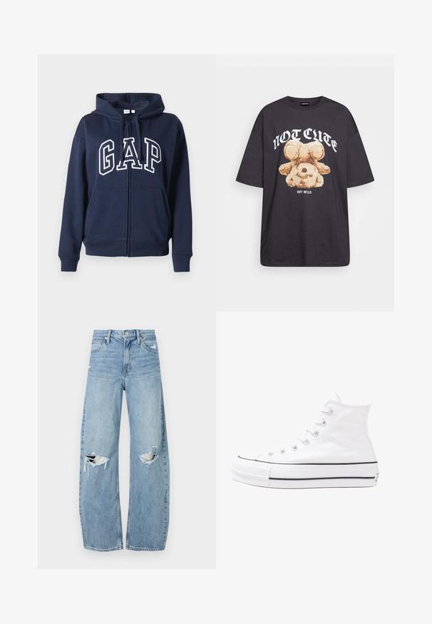 Hoodie zippé bleu marine, fabriqué en tissu doux. Dispose d'une poche kangourou à l'avant et du logo "GAP" en lettres blanches sur la poitrine.; T-shirt noir oversize avec un graphique d'un ours et le texte « PAS MIGNON MAIS SAUVAGE » en lettres blanches, en gras. Matériau en coton.; Jeans en denim bleu clair à taille haute. Présentent des jambes larges, deux zones déchirées aux genoux et un style classique à cinq poches.; Baskets montantes en toile blanche avec semelle en caoutchouc noir, capuchon en caoutchouc à l'avant, et six œillets pour les lacets, présentant un design épuré et minimaliste.