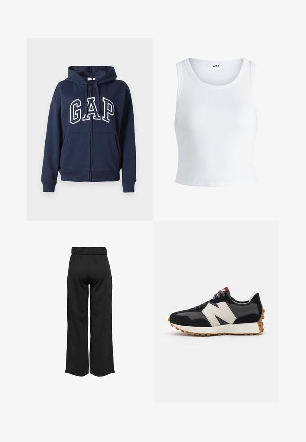 Navy plavi zip-up dukserica, izrađena od mekanog materijala. Ima prednji kengur torbu i "GAP" logo u bijelom slovlju preko grudnog dijela.; Bijela rebrasta majica bez rukava s okruglim izrezom i skraćenom dužinom. Na etiketi piše "JJXX." Glatka tekstura tkanine.; Crne hlače širokih nogavica s elastičnom waistbandom, izrađene od glatkog materijala. Imaju jednostavan dizajn bez džepova ili vidljivih šavova.; Crne i sive suede tenisice s velikim kremastim logom "N", ljubičastim pertlama i teksturiranim gumiranim potplatom.
