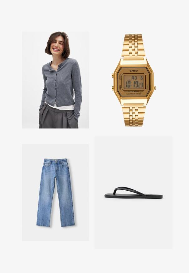 Siv kardigan pleten z okroglim izrezom, sprednjimi gumbi in rebrastim robom. Tkanina izgleda mehka in lahka, nošena čez belo srajco.; Črni rebrasti top brez rokavov z visokim ovratnikom. Ima prilegajočo silhueto in nežen otip.; Svijetloplave traperice ravnog kroja, s pet džepova, prednjim kopčanjem na dugme i suptilnim izbljeđivanjem za teksturu.; Črne japonke z minimalističnim dizajnom, ravnim podplatom, ozkimi trakovi in gladko teksturo. Brez dodatnih vzorcev ali okrasov.; Zlata digitalna ura s pravokotnim okvirjem, LCD zaslonom, jeklenim pasom in gumbi na strani. Ima oznako o vodoodpornosti.