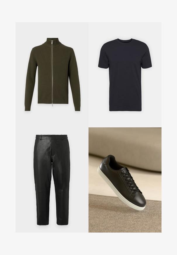 Olive roheline lukuga kapuutsiga särg, millel on kõrge kaelus, ribake tekstuur ja pikad varrukad. Omab hõbedast lukku ning istuvaid mansette ja äärt.; Must siin must puuvillane t-särk, lühikeste varrukatega, ümmargune kaelus, ühtlane värv, kerge kangas, sile tekstuur, ilma nähtavate mustrite või graafikateta.; Mustad nahast sirged püksid, millel on vööaasad ja küljetaskud, esitatuna heleda ühtlase tausta ees.; Mustad nahast tennisetossud valge kummist tallaga ja mustade paeltega, paigutatud beežile kangapinnale ja -taustale.