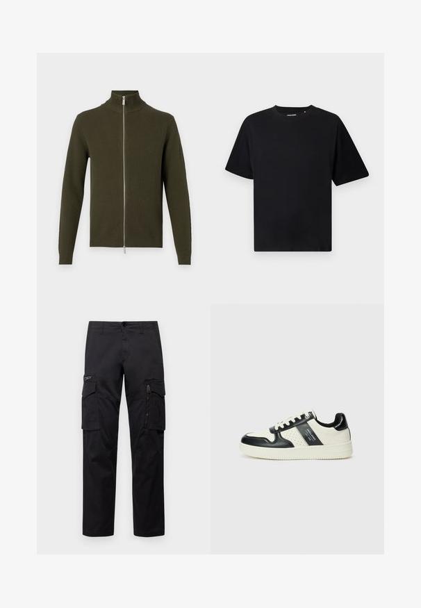 Tamsiai žalia užtrauktuku užsegama megztinis su aukštu apykakle, raukšlėta tekstūra ir ilgomis rankovėmis. Yra sidabrinis užtrauktukas ir prigludę rankogaliai bei apatinė dalis.; Juodas trumpas rankovėmis T-marškiniai su apvaliu kaklu, atsipalaidavusio silueto, pristatyti ant baltos fono.; Juodos krovinių kelnės, turinčios kelis kišenes, užtrauktuku uždaromą kišenę ant šlaunies, tiesaus kirpimo ir tvirtos medvilnės audinys su nežymiu blizgesiu.; Odiniai sportbačiai juodos ir kreminės spalvų schemoje, su perforuotais akcentais, paminkštinta apykakle ir tekstūruotu padu.