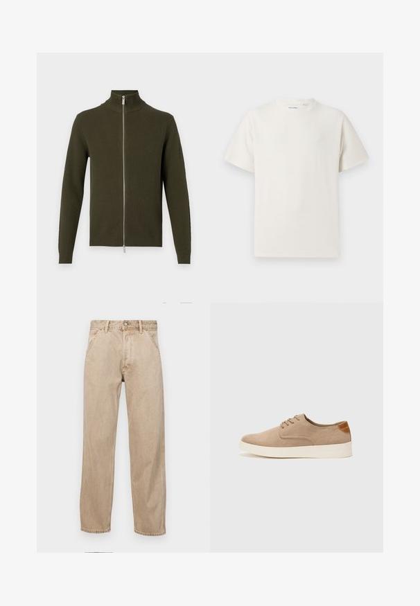 Olivgrüner Reißverschluss-Pullover mit hohem Kragen, gerippter Textur und langen Ärmeln. Verfügt über einen silbernen Reißverschluss sowie enganliegenden Bündchen und Saum.; Weißes T-Shirt mit kurzen Ärmeln in gerippter Textur. Runder Ausschnitt, lockere Passform, keine sichtbaren Muster oder Akzente. Einfaches und vielseitiges Design.; Beige Denim-Jeans mit geradem Beinschnitt, ausgestattet mit Vordertaschen, einem Metallknopfverschluss und feiner Textur.; Beige Wildleder-Sneaker mit runder Zehenpartie, Schnürung und strukturiertem Rückenteil. Die weiße Gummisohle sorgt für einen Kontrast. Einfaches und modernes Design.