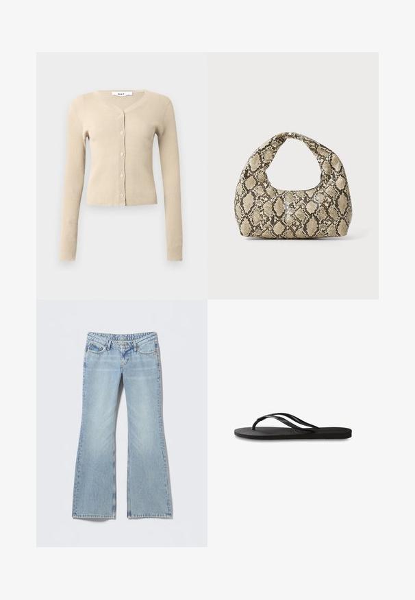 Cardigan bej cu dungi, cu mâneci lungi și decolteu în V. Are șase butoane în față și o siluetă ajustată. Textură moale.; Top negru, cu umeri golași, fabricat dintr-un material moale și elastic, având detalii plissate și un design cu bretele late pe o parte.; Blugi evazați de culoare albastru deschis, cu un finisaj șters, design cu cinci buzunare și cusături contrastante. Denim de bumbac cu textură netedă.; Încălțăminte tip flip-flop neagră cu o talpă din cauciuc texturat, două bretele subțiri și un detaliu discret, embosat cu logo pe bretea.; Geantă cu imprimeu de șarpe, având un mâner curbat. Fabricată din materiale texturate, bej și maronii, cu un model distinctiv în formă de diamant.