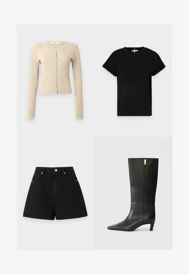 Beige rutete cardigan med lange ermer og V-hals. Har seks knappeåpninger foran og en tettsittende silhuett. Myk tekstur.; Svart bomull T-skjorte med rullet kort erm, med et preget logo i midten og en liten flaggdetalj på siden.; Sorte denimshorts med høy midje, fem lommer, sølvfarget detaljer og standard passform, med en jevn tekstur og ren finish.; Sorte lærknæhøje støvler med spids tå og en lille hæl. Har et strømlinet design med en gylden accentdetalje. Glat tekstur.
