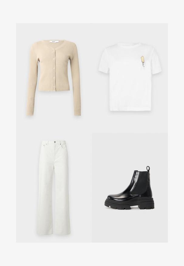 Cardigan bej cu dungi, cu mâneci lungi și decolteu în V. Are șase butoane în față și o siluetă ajustată. Textură moale.; Tricou alb din bumbac cu mâneci scurte, având un grafic minimalist brodat cu un suc de pețișor galben pe zona stângă a pieptului.; Samsøe Samsøe SHELLY - Blugi loose fit - clear cream; Botine din piele neagră, cu un design elegant, panouri laterale elastice și o talpă groasă neagră. Au o etichetă la spate pentru a fi puse cu ușurință.