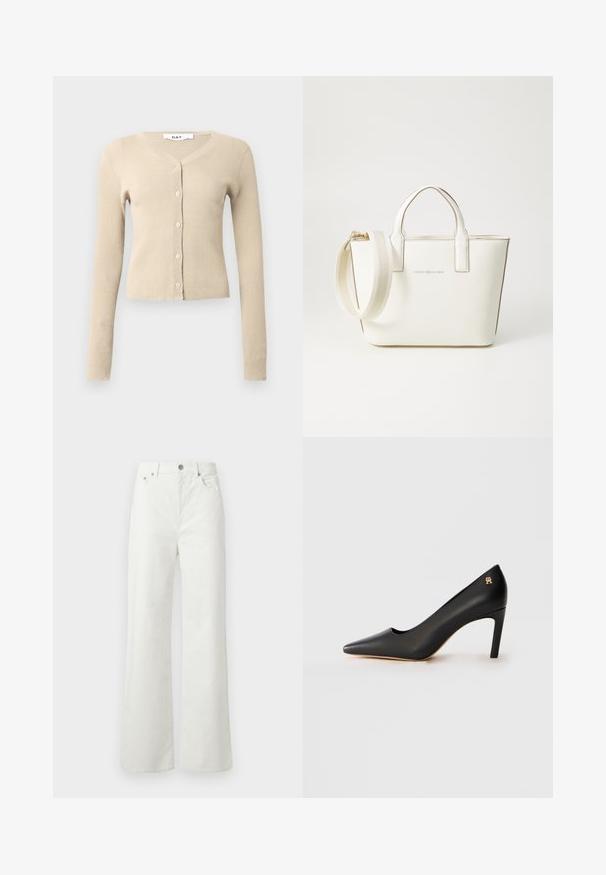 Cardigan bege canelado com mangas longas e decote em V. Apresenta seis botões na frente e uma silhueta ajustada. Textura suave.; T-shirt preto de manga curta feito de algodão suave, com decote redondo, ajuste descontraído e uma textura suave. Sem padrões ou gráficos visíveis.; Samsøe Samsøe SHELLY - Calças de ganga de corte relaxado - clear cream; Sapatilha preta de couro de bico apontado com salto stiletto de altura média e pequeno emblema dourado perto do salto, em fundo branco.; Bolsa de mão em imitação de couro branco, com alças curtas, alça de ombro ajustável e acabamentos em tom dourado; apresenta um logo discreto na parte da frente.