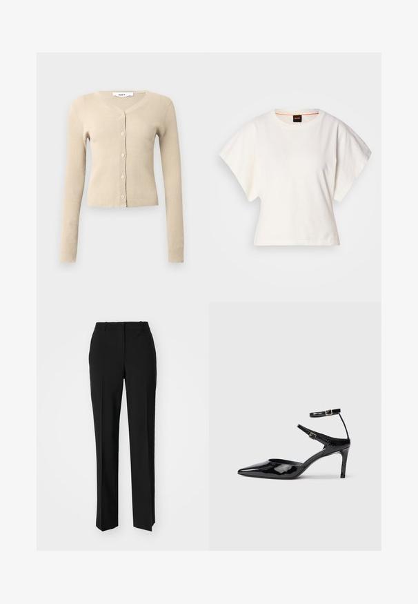 Beige geribbelde cardigan met lange mouwen en V-hals. Voorzien van zes knopen aan de voorkant en een aansluitende pasvorm. Zachte textuur.; Witte gecropte T-shirt, korte brede mouwen, zachte katoenmaterialen, ronde halslijn met subtiele oranje rand, minimalistisch ontwerp, geen patronen of graphics.; Zwarte op maat gemaakte broek met een recht model, voorzien van een soepele textuur en scherpe plooien aan de voorkant. Geen zichtbare hardware.; Zwarte laarzen van gepatenteerd leer met een spitse neus, verstelbare enkelbandjes en een slanke hak. Gladde textuur met een glanzende afwerking.