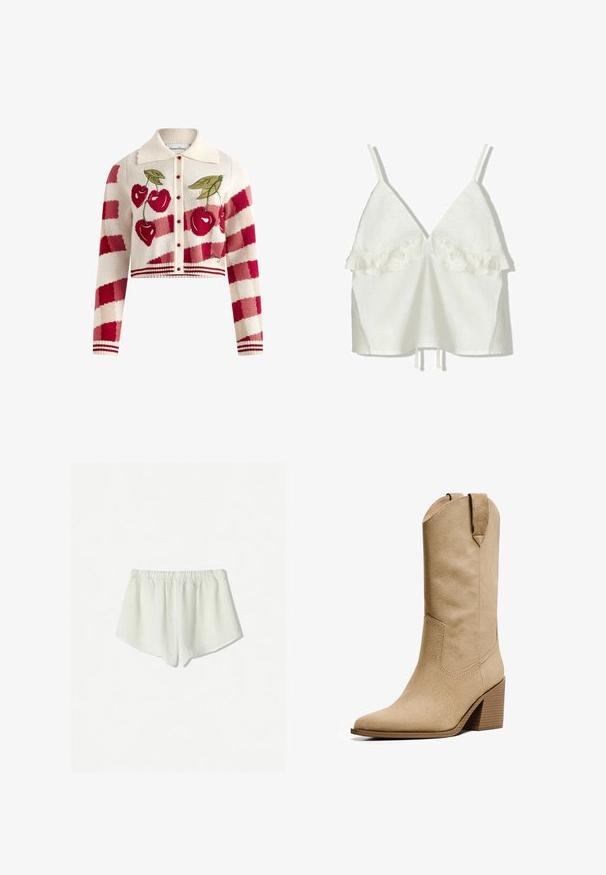 House of Sunny THE CHERRY TRIPPER - Neuletakki - multi-colored; Valkoinen pellavapaita, jossa on säädettävät hihnat ja syvä V-pääntie. Rinnassa on röyhelökoristeet, rento istuvuus ja kiristettävä helma.; Valkoiset pellavashortsit, joissa on joustava vyötärö, väljä malli ja hieman kaareva helma alareunoissa. Pehmeä, hengittävä rakenne.; Bershka HIGH-HEEL - Biker-/cowboysaappaat - beige