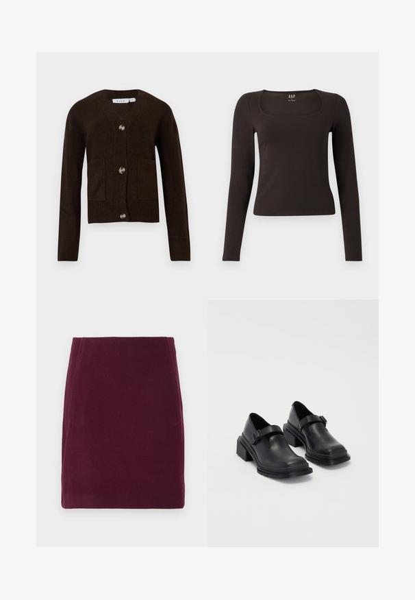 Καφέ πλεκτό ζακέτα με V-λαιμόκοψη, τέσσερα μεταλλικά κουμπιά και δύο μπροστινές τσέπες. Ριμπ μανίκια και στρίφωμα; φτιαγμένο από μαλακό ύφασμα.; Μαύρο fitted μπλουζάκι με μακριά μανίκια και τετράγωνη λαιμόκοψη, με ετικέτα GAP, εμφανίζεται σε λευκό φόντο.; Vero Moda VMFORTUNALLISON SHORT - Φούστα σε γραμμή Α - winetasting; Μαύρες δερμάτινες παπούτσια με στρογγυλή μύτη, επίπεδη σόλα και λουράκι με λεπτομέρεια από αγκράφα. Χοντρός τετράγωνος τακούνι για πρόσθετη σταθερότητα.