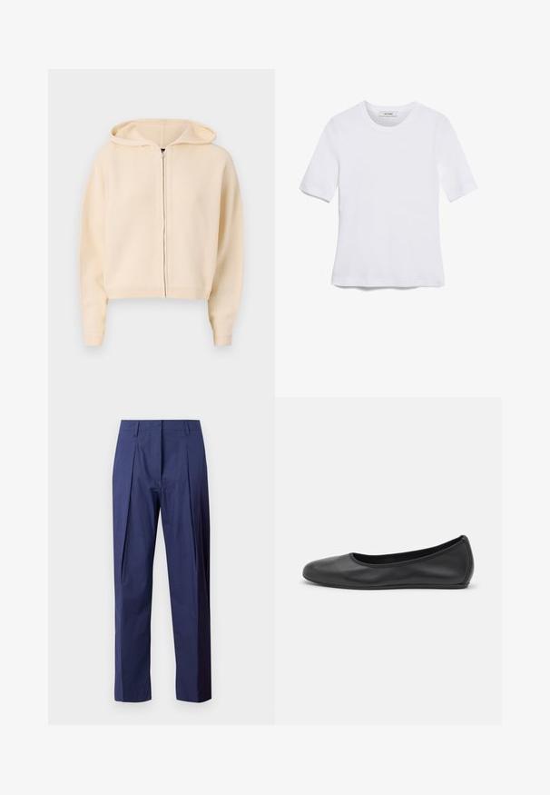 Krátka krémová mikina na zips s uvoľneným strihom, rebrovanými manžetami a lemom, vybavená kapucňou so šnúrkou a textúrovaným pleteným materiálom.; Biela krátka tričko s krátkymi rukávmi vyrobené z rebrovanej látky. Klasický okrúhly výstrih, bežný strih a jemné švy. Bez vzorov alebo grafiky.; Námornícké modré nohavice z ľahkej tkaniny, s rovnými nohavicami, prednými záhybmi a hladkým povrchom.; Čierne kožené baleríny s okrúhlou špičkou, hladkým povrchom, minimálnym prešívaním a flexibilným dizajnom podrážky.