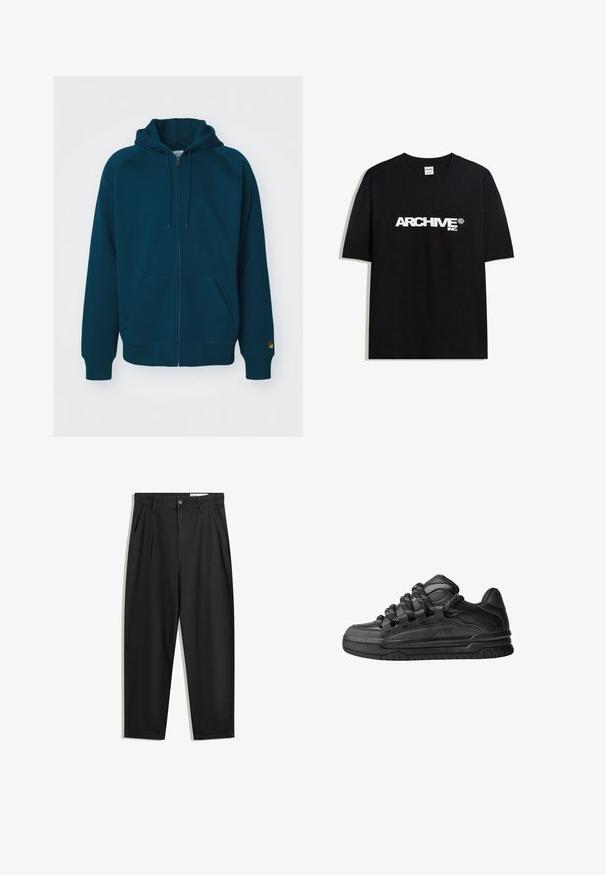 Tyrkysová zipová mikina s kapucí na šňůrku, elastickými manžetami a lemem. Obsahuje dvě přední kapsy a akcent s logem na rukávu.; Černé bavlněné tričko s bílým logem "ARCHIVE inc." na hrudi, krátké rukávy a kulatý výstřih.; Černé bavlněné kalhoty s uvolněným střihem, klasickým pasem, předními záhyby a bočními kapsami. Hladká textura bez vzorů.; Černé tenisky s hladkým koženým svrškem, texturovanými akcenty a kulatými černobílými tkaničkami. Silná gumová podrážka s vzorovaným dezénem.